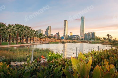 Preview: Santiago skyline at Bicentenario Park at sunset - Santiago, Chile