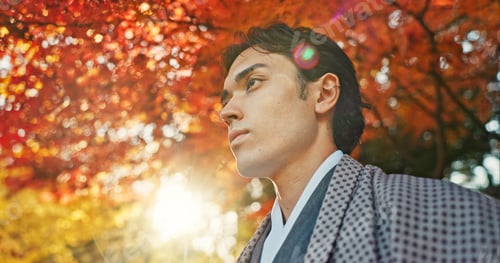 Preview: Man in garden, Asian and peace, thinking about life with reflection and tranquility in traditional