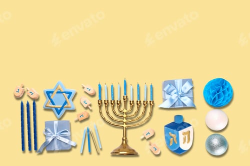 Preview: Hanukkah, decorations including a menorah and dreidels
