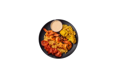 Preview: Boiled tiger shrimps with porridge, tomatoes and corn