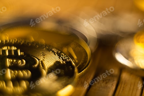 Preview: Closeup shot of a bitcoin coin with bokeh lights