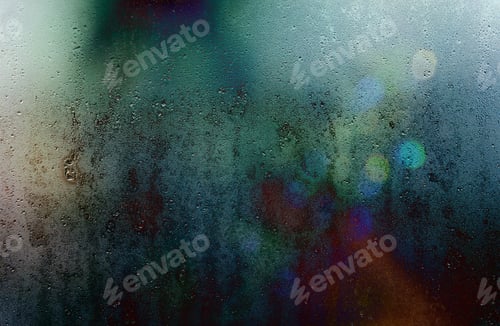 Preview: Reflections on a wet glass full of drops of fog, winter background.