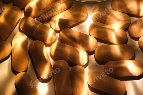 Preview: Golden vitamin pills forming a textured background under studio lights