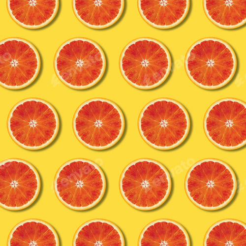 Preview: Red orange slices pattern on yellow color background. Minimal flat lay top view food texture
