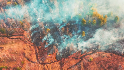 Preview: Aerial View. Spring Dry Grass Burns During Drought Hot Weather. Bush Fire And Smoke In Deforestation