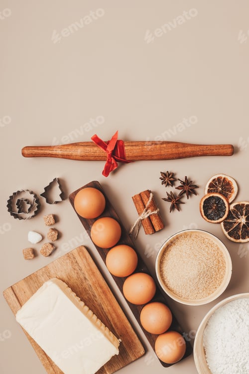 Preview: Christmas cookie baking background. Festive cooking idea