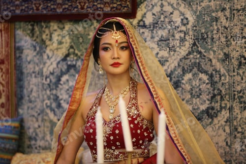 Preview: harming young woman wearing traditional saree, indoor