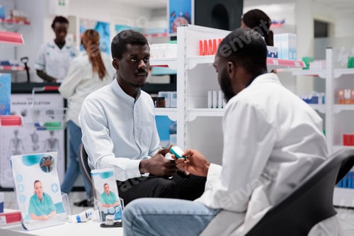 Preview: Pharmacy consultation, african american patient measuring glucose with glucometer