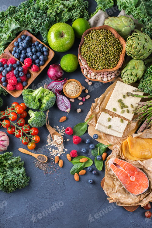 Preview: Selection assortment of healthy balanced food for heart, diet