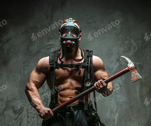 Preview: Muscular firefighter with axe