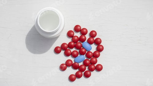 Preview: Flat lay of red and blue pills and a white empty