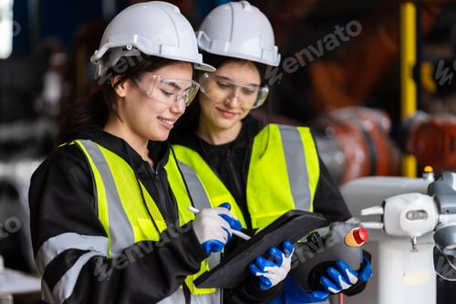 Preview: A team of female engineers meeting to inspect computer-controlled steel welding robots.