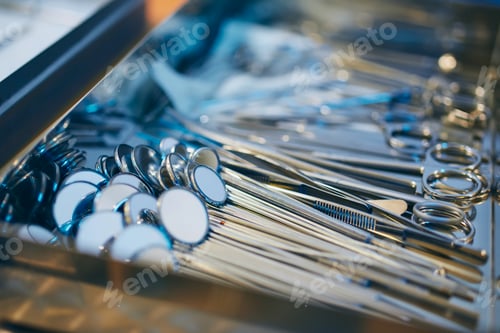 Preview: Still life of medical tools on metal tray