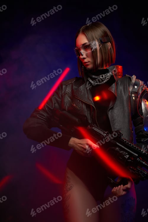Preview: Cyber woman with rifle posing in dark background with lights