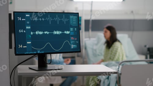 Preview: Sick woman resting in bed discussing with specialist doctor sickness symptom