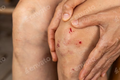 Preview: Hands embracing bleeding cuts wound injury on knee with fresh blood due to accident fall