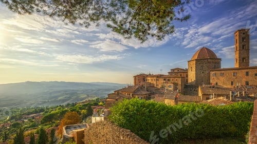 Preview: Volterra town skyline, church and panorama at sunset. Tuscany, Italy