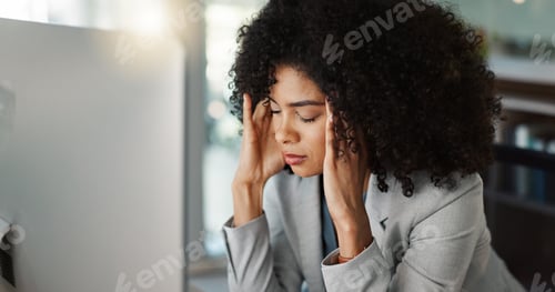 Preview: Business, headache and woman with pain at work of stress, fatigue or anxiety in office or desk. Pro