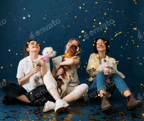 Preview: Three laughing women with their dogs sitting on a blue background under colorful confetti