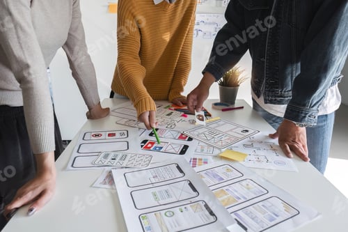 Preview: Web creative team Graphic designer brainstorming plans drawing app website ux ui for mobile