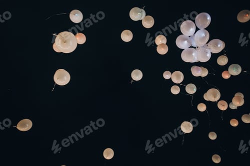 Preview: white balloons flying up in the air into night sky
