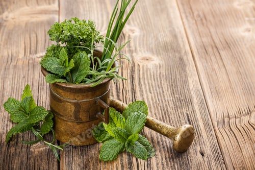 Preview: Herbs with antique mortar