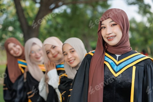 Preview: Group of Asian Muslim women Happy congratulation university outdoors