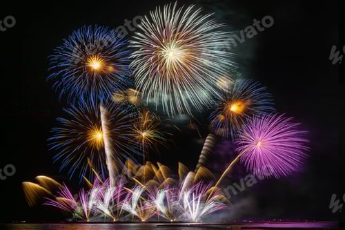 Preview: Fantastic Multicolor Firework Celebration from the big boat over the sea, celebration concept