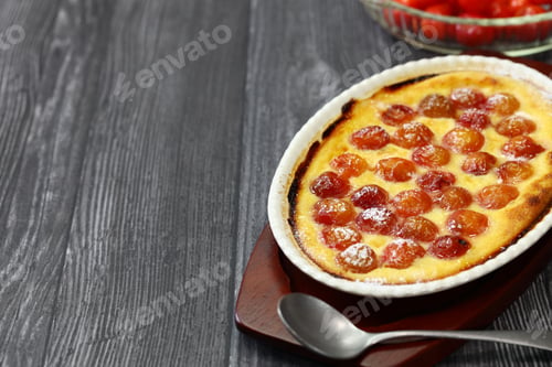 Preview: traditional cherry clafoutis, contains pits of the cherries
