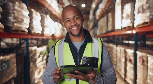 Preview: Portrait, stock and tablet with black man in warehouse for online order of distribution or shipping