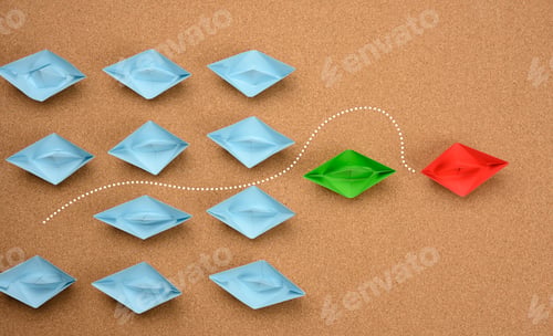 Preview: Group of blue boats and one red one, which rushed forward.
