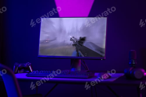 Preview: Colorful e-sport gaming and streaming studio with first-person shooter online video game on computer