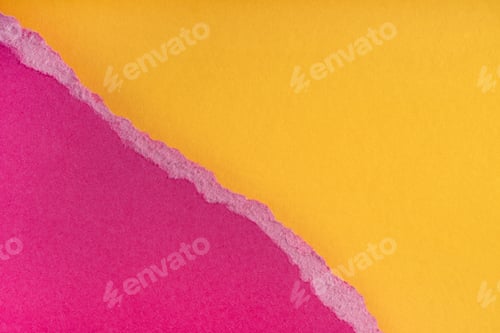 Preview: Pieces of torn ragged purple paper edges on yellow background. Ripped cracked paper edge isolated