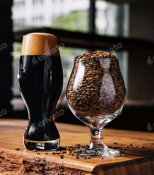 Preview: tasty dark beer and glass of wheat on wooden