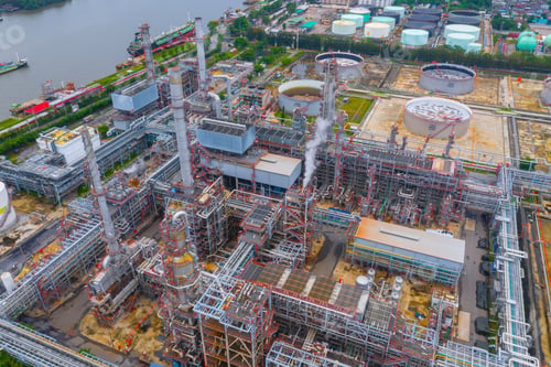 Preview: Petrochemical oil refinery in Bangkok City, Thailand. Oil and gas tanks in industry factory.