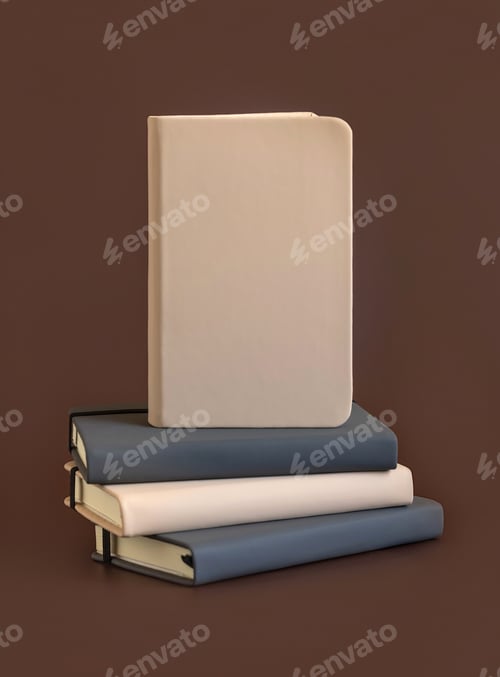 Preview: Stack of beige and grey notebooks on brown background closeup
