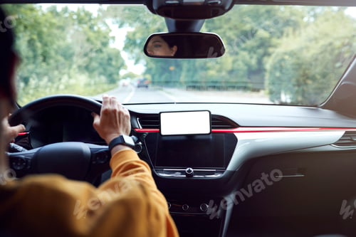 Preview: Close Up Of Driver With Hands Free Unit For Green Screen Mobile Phone Mounted On Dashboard