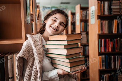 Preview: teen girl in the library. Education at school or university. A stack of books in hands.