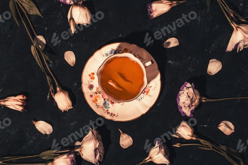 Preview: Still life with vintage cup of tea and flowers