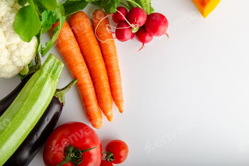 Preview: Isolated group of winter season vegetables over white flat lay view. Includes copy space.