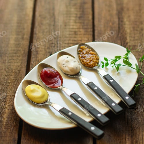 Preview: Sauces, Portion Serving (Ingredients And Dressing To Dishes). Top View. Copy Space