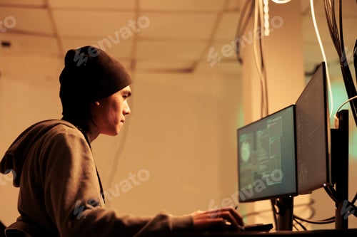 Preview: Asian man using computers to hack database information