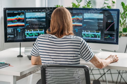 Preview: back view of editor working near computer monitors