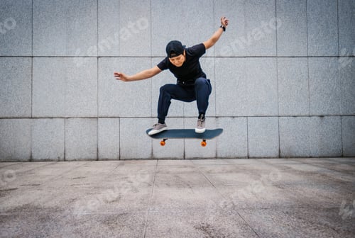 Preview: Asian woman skateboarder skateboarding in modern city