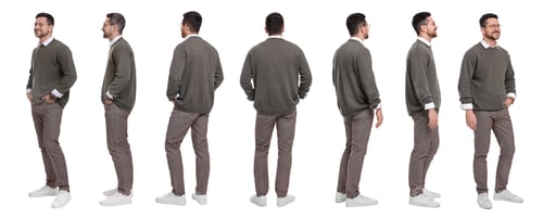 Preview: Full length portrait of man on white background, collage