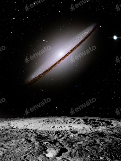 Preview: Galaxy viewed over an impact crater on an asteroid