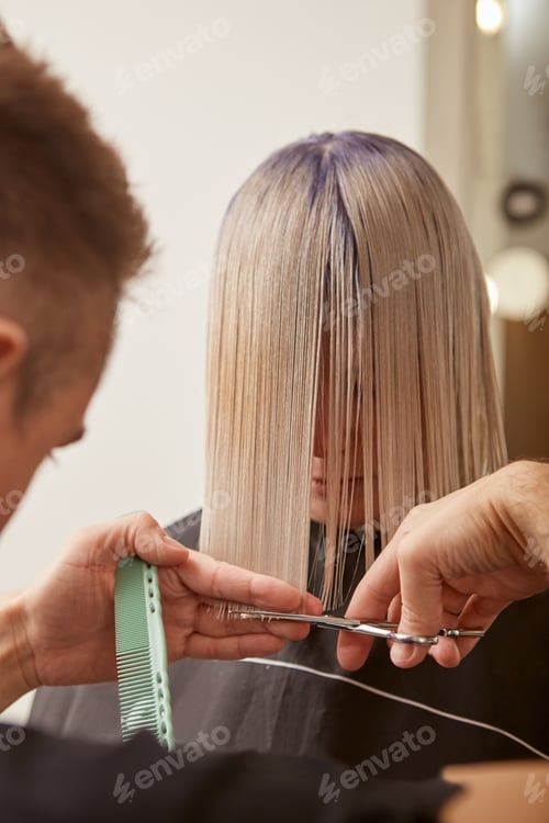 Preview: Hairdresser cutting young woman hair in beauty salon