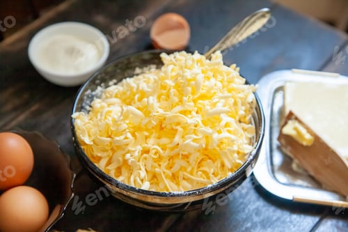 Preview: Grated butter for baking. Baking ingredients for shortbread pastry