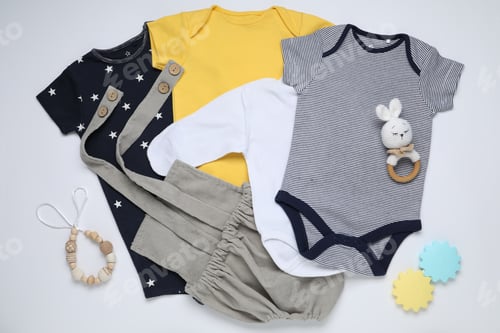 Preview: Baby clothes and accessories on white background, flat lay