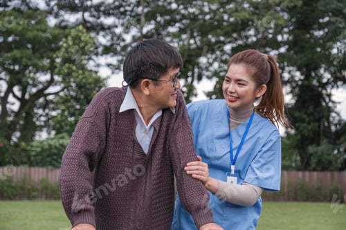 Preview: Asian female caregiver helps senior man walk A senior using a walker is assisted by a nurse at home